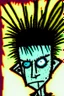 Placeholder: 2d portrait drawing of a stickman, cool with punk hair, x eyes like hangman, close-up, in colour