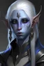 Placeholder: female elf dark blue skin with scars on body with white hair and lavender eyes