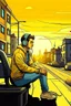 Placeholder: Full body illustration of a young man pensive while listening to music with headphones by a yellow car on the west coast of the United States. In the background is a distant cityscape and an old apartment building. The city is illuminated by the sunset, creating an overall nostalgic and emotional atmosphere. Cartoonish art style with lots of detail.