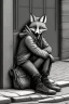 Placeholder: One single mature homeless fox with worn out clothes, sitting in a corner on the street, guitar standing on the left side, Vienna, mourning, model style, hyper realistic, extremely accurate, delicate, extremely detailed, Graphic novel style, wide-angle, open aperture, superfine pencil