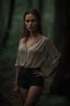 Placeholder: 8k portrait of an enchanting, open blouse, beautiful, young woman, tight shirt, looking to the camera, in forest, messy bun, dark brown hear, realistic photo, full font of body, photograph like photo, height detail photo, hips to face body, model, average size, scandinavian, breathtaking woman, smooth hair elegantly, natural beauty, gentle shadows and highlights, outside, super sharp focus