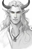 Placeholder: A dnd character portrait, a tiefling man with long hair and two long black horns that curve backwards, white eyes and pale skin. Handsome. Young.