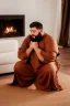 Placeholder: close up photography of a Burly arab 26 year old stocky short chubby man on his knees, short beard, dressed in an brown economic traditional caftan with pants and sandals, photorealistic, ambient occlusion, in a simple living room, ambient occlusion, side view from the bottom