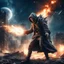 Placeholder: post apocalyptic space sorcerer casting spells, explosion behind, destroyed city, night starry sky, epic cinematic fight scene, 8k resolution, photorealistic, ultra detailed, macro photography