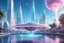 Placeholder: magnificent and luminous bright silver ufo, is flying int the sky above a futuristic and cosmic city. The Ufo looks like a flying saucer, The building are light and pastel blue and pink colored made with cristal, sweet shapes, domes. The building are small There are green palm trees and fountains, and pink flowers in the foreground