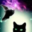 Placeholder: Black cat green eyes flying in space thru a nebula