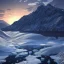 Placeholder: highly detailed icy mountain lake landscape, sunset, illustration, cinematic lighting, 4k, 8k, octane render, digital concept art, trending on artstation, pinterest, extremely detailed, ambient lighting.