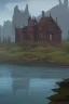 Placeholder: gothic building on a lake shore with fantasy trees and rocks