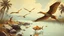 Placeholder: modernist style, A dynamic scene of early pterosaurs hunting over a prehistoric river, with fish jumping out of the water and various fauna along the riverbank., art nouveau, soft colors, vintage sepia, film effect, cold light tones, blue tones, flash light