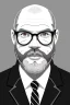 Placeholder: black and white,real estate agent,bald white male with bushy grey beard,55 years old,metal wire frame glasses,, necktie,portly,detailed drawing,white background