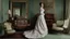 Placeholder: full height colour picture of lounge with young Victorian lady standing wearing Victorian debutante gown with very long dress train and veil