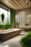 Placeholder: create a bathroom with a bathtub and a shower. walls made of concrete and lamellas. white floor. warm the lighting. large mirror above the washbasin. green carpet. flowers in a wooden pot.