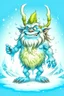 Placeholder: fantasy cartoon style illustration: mischievous Snow Troll. The troll is big, burly creatures with icicles hanging from their long, pointy noses. The Snow Trolls loved to toss snowballs for fun,