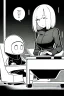 Placeholder: hacker girl use a laptop sitting next o other peoples in a cafe, line arts, greyscale