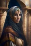 Placeholder: Beautiful fair Moroccan woman with veil and warrior clothing in castle with Zelig