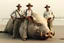 Placeholder: 1930's washed out faded color photography of European explorers dressed in khaki pants and clean pressed white button-down shirts and safari hats posing on a beach, limp knocked out colossal fantastical pig=like sea creature washed up on beach in front of them, absurd, realism,