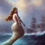 Placeholder: A beautiful portrait of haifa wahbi as a mermaid , leaning on a ships deck ,Rough sea in the background, (digitall art by Eugene de Blaas and Ross Tran, vibrant color scheme, highly detailed, in the style of romanticism, cinematic, artstation best quality, realistic lighting, masterpiece portrait, details light dusting , cowboy shot from above, simple chain hauberk Vector art digital illustration 3D shading )