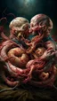 Placeholder: cinematic gore Bosch style photorealistic fleshy dmt lsd photo of 2 conjoined mangled embryonic bodies wrestling with a zipper, 1 soul vortex, complementary, anatomically fragmented, ripped apart again being flayed, skinned alive. A beating heart, muscles, blood vessels, bowels, entrails are exposed. Visceral anatomy. physiology. Bosch and Dali inspired hallucinations. mythology. grotesque.