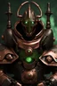 Placeholder: Warforged robotic warlock with round eyes, made of copper with black details armor, medieval style, green eyes, dungeons and dragons