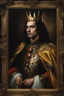 Placeholder: Gothic Gold framed painted portrait of a King wearing a gold crown. His hair is long and dark and he has dark eyes, dak fantasy