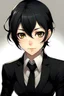 Placeholder: Black pixie hair anime girl with dark brown eyes wearing a black suit
