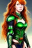 Placeholder: concept illustration, ultra-realistic, super-detailed, strikingly beautiful teen female, 16 years old, long ginger hair, green eyes, medium freckles, full lips, full body, full face, b-cup breasts, athletic, centred camera, ignore NSFW, skimpy fantasy armor, stern expression