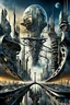 Placeholder: a stunningly weird image of a futuristic metropolis using Salvador Dali's paranoiac-critical method, where buildings and structures appear to melt into the skyline cityscape is filled with floating mad, twisted sharp metal shapes that interact with the buildings and each other, forming a surreal tableau of a dreamlike reality. neu-steampunk vibe, essence of the scene in a cinematic manner, with dramatic shadows that enhance the distorted perspectives and bizarre