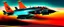 Placeholder: a military fighter jet station wagon hybrid designed by volkswagen only one vehicle per image painted metallic orange traveling at a high rate of speed, jet intake off of front center of vehicle and jet exhaust out the rear with bright blue flame