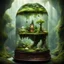 Placeholder: Professional photograph conveying intricate details and balance of terrariums, captured tranquil charm inside glass terrariums, fantastical verdant beauty, waterfall, magical realism, by Alexander Jansson