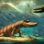 Placeholder: beautiful, stunning paleoart of masosaurus with alligator head and eel body, underwater, coral reefs, plants, in the style of eleanor kish, davide bonadonna, julius csotony, fabio pastor, wide field of view, Masosaurus, photorealistic, illustrative, digital art, 8k resolution, detailed matte, painting, artwork, deviantart