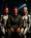 Placeholder: Photorealistic image of a young man in a flight suit with two tall, slender female androids in one-piece suits, one with red hair and one with white hair, standing on the bridge of a spaceship.