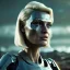 Placeholder: Ultra Realistic retro sci-fi movie war scene, waist up view portrait, blonde woman pointing a gun, sweet young Daryl Hannah face, perfect iris, glow eyes, makeup, weapon. War background, Retro sci-fi style, helmet, tight latex coat, fog, rain, soft color, highly detailed, unreal engine 5, ray tracing, RTX, lumen lighting, ultra detail, volumetric lighting, 3d, finely drawn, high definition, high resolution.