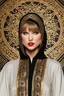 Placeholder: Taylor swift wearing islamic culture black Moroccan caftan 4k golden patterns high qualité