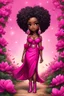 Placeholder: create a comic book art image of a chibi curvy size dark skinned Black female wearing a hot pink maxi dress with sparkle hot pink cowboy boots. Prominent make up with brown eyes, she is wearing hot pink feather tassel earrings and lush lashes. extremely detailed tight curly ombre afro. background of pink and silver magnolia flowers everywhere