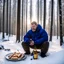 Placeholder: a sad Finnish man without food on his plate, outside his house in the forest, Winter, snow, very cold, Finnish flag down at half way up, Finnish flag, a bottle of Koskenkorva in his hand, knifes and sauna