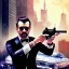 Placeholder: water color art,mafia family boss with black greasy hair, holding up auto-pistol and wearing suit, city streets in background,run for cover, book illustration