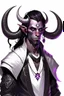 Placeholder: En Young male Black skin black hair tiefling White Wizard with large Black horns with a bit of Purple horns same size going from the front to the back. glowing Silver and White symbols