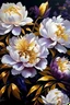 Placeholder: painting of white small Peonies flowers with gold flowers in center of canvas dark purple background