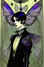 Placeholder: black haired young Victorian man fairy with insect wings like a fly, and insect eyes wizard in the style of Harry Clarke