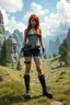 Placeholder: Photorealistic full-height photo of a fantasy skinny pin-up girl in steampunk shorts and boots with long, dark ginger hair in a fantasy landscape