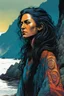 Placeholder: create a closeup full body print illustration of a female Salish shaman with highly detailed hair and feminine facial features, invoking the Raven along the rocky shore of Vancouver Island , in the comic book art style of Bill Sienkiewicz, Mike Mignola, Sparth, Maxfield Parrish, and Jean Giraud Moebius, finely textured, drawn, colored, and inked, suffused with dramatic natural light