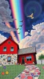 Placeholder: "Midnight Serenade unique" low view angle shot down rainbow sky , large close up a beautiful red house , with birds in the sky ,granite terrazzo motifs with puzzle modern , clothing is decorated with colorful filigree abstract, Collage chutes papiers magazines,Spirograph background by Nisa Kiley, Textile Artist،