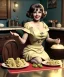 Placeholder: Ultra realistic photographic portrait, happy young Gina Lollobrigida woman sitting with arms resting on Italian kitchen table, pretty tortellini dish, retro dress by 1960, dress without neckline, classic style decoration, cold, soft color, highly detailed, unreal engine 5, ray tracing, RTX, lumen lighting, ultra detail, volumetric lighting, high definition.