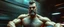 Placeholder: hi speed bad ass cyber punk masculine realistic goofey humanoid with hairy arms and chest, motion blurred background