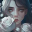 Placeholder: Pictures of a girl with a beautiful face holding white roses covering her face Like from a cartoon movie, digital art, anime, 4k, full details, high resolution