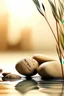 Placeholder: delicate background with spa stones and a bamboo stem, on a blurred background on the stones, abstract silhouette of a flexible girl, photorealistic photo