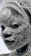 Placeholder: A long hyperrealistic shot of a queen of the African tribes all face all in white head out of a white spider web, intricate details, soft natural light, screen captured from 4K Blu-ray. All white background
