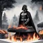 Placeholder: Create a beautiful illustration that showcases Darth Vader, adorned in his iconic black cape, standing over a bbq. Set this scene against a white background.