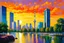 Placeholder: sunset, buildings, lake, rocks, city, park, trees, cyberpunk, sci-fi, emile claus, and claude monet impressionism paintings