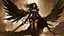 Placeholder: biomechanical women, beautiful, steampunk, dusty brunette, long square, large steampunk black wings, sword, steam, dynamic pose, rain, wind, ashes, flashes of fiery threads, steam engine, caves with rusty pipes on the background, dark world, sketch art, fine lines, grunge, sensual, darkness, dark colors, by Raymond Swanland & Alyssa Monks & Anna Razumovskaya & Benedick Bana